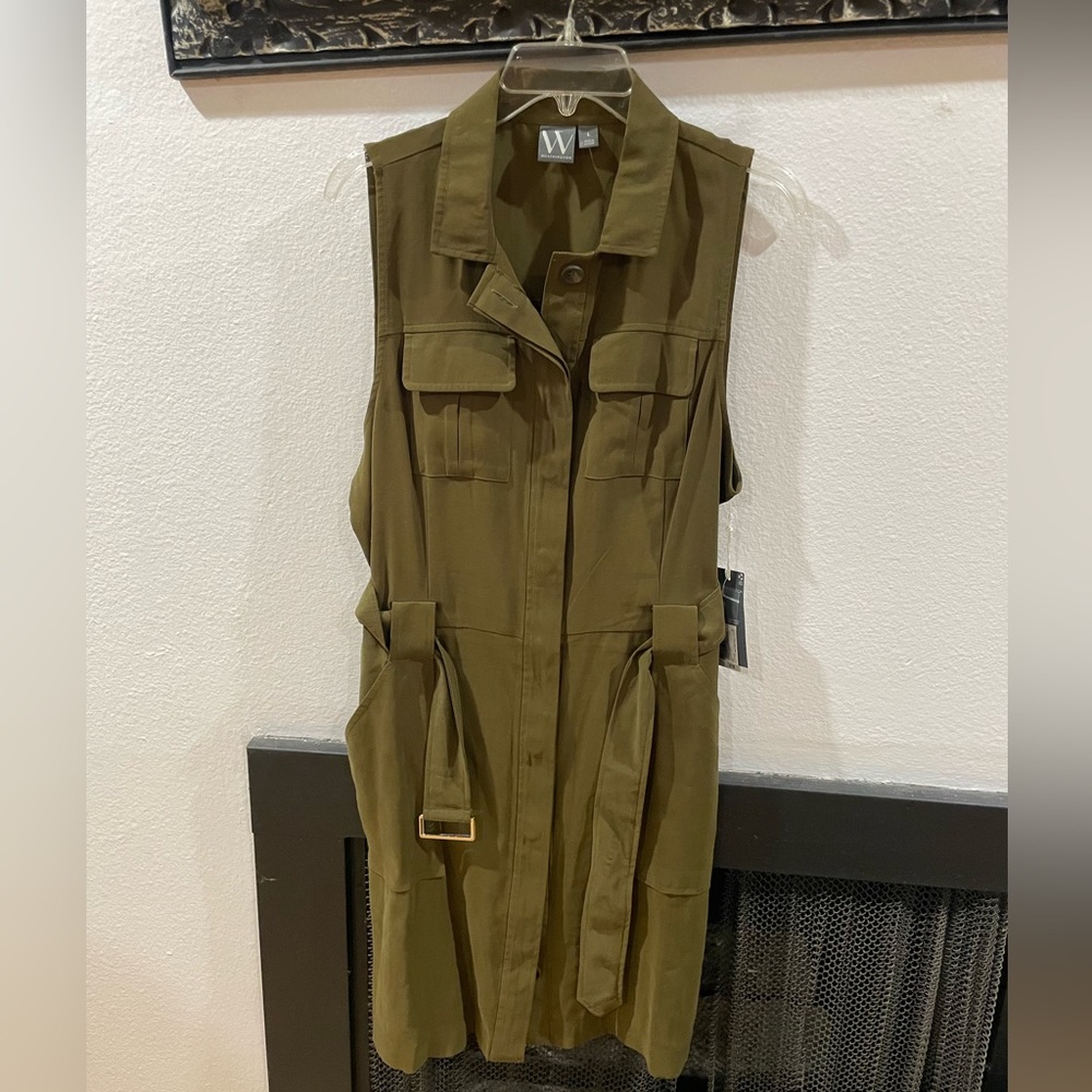 Worthington Women’s Size Large Green Olive Sleeveless Belted Cargo Utility Dress